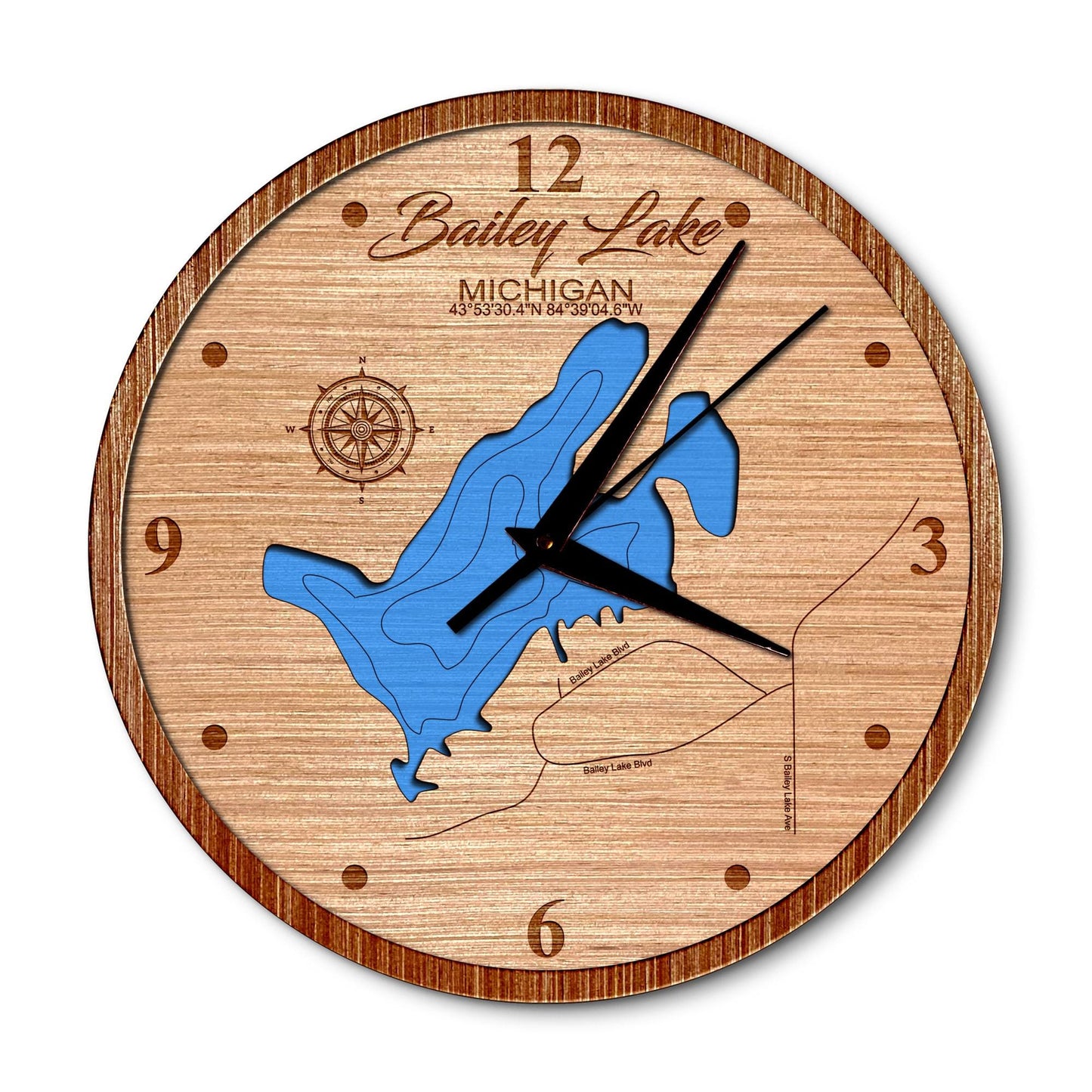 Bailey Lake, Michigan 14in Layered Map Clock - Any Lake, Pond, or Reservoir - Unique Home Decor