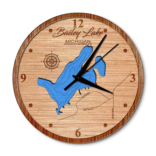Bailey Lake, Michigan 14in Layered Map Clock - Any Lake, Pond, or Reservoir - Unique Home Decor