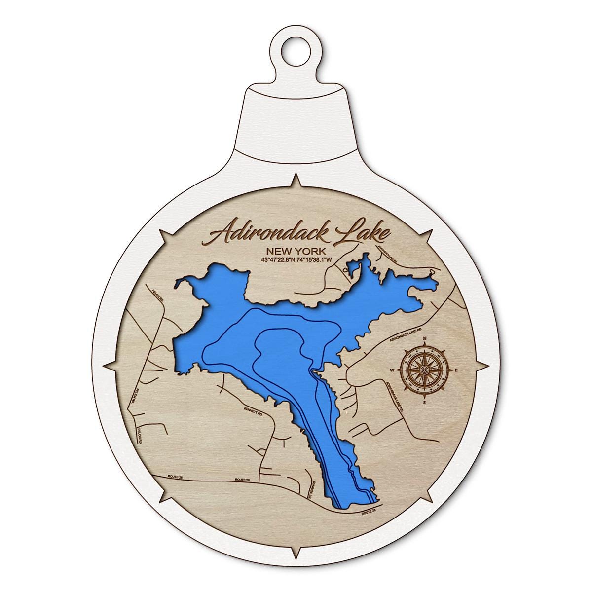 Adirondack Lake NY Custom 3D Layered Wood Lake Map Ornament | Handcrafted Bathymetric Art