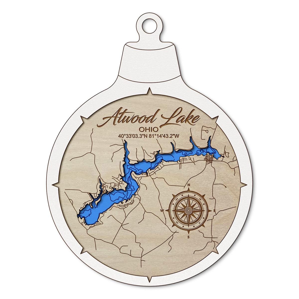 Atwood Lake, Ohio Custom 3D Layered Wood Lake Map Ornament | Handcrafted Bathymetric Art