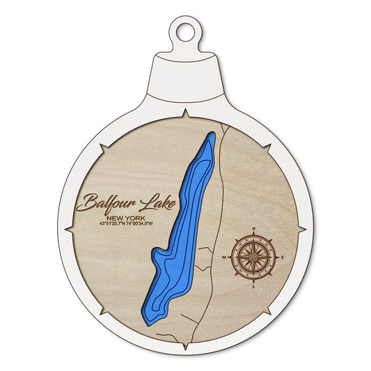Balfour Lake, New York Custom 3D Layered Wood Lake Map Ornament | Handcrafted Bathymetric Art