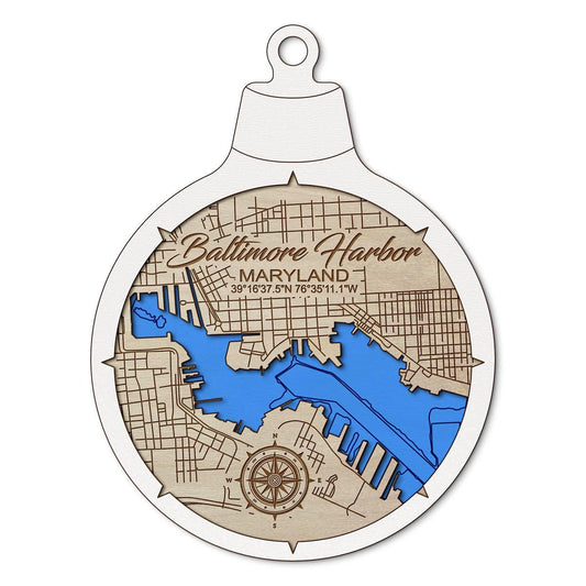 Baltimore Harbor, Maryland Custom 3D Layered Wood Lake Map Ornament | Handcrafted Bathymetric Art