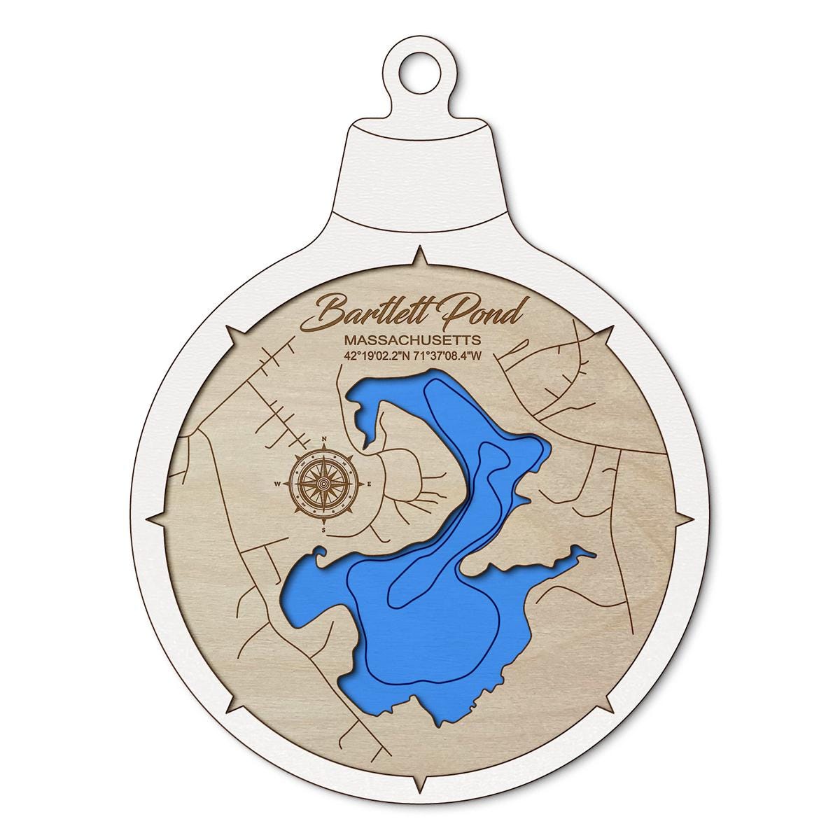 Bartlett Pond, Massachusetts Custom 3D Layered Wood Lake Map Ornament | Handcrafted Bathymetric Art