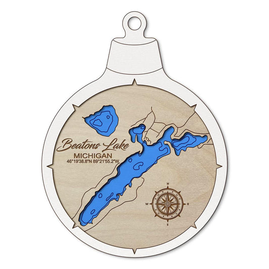 Beatons Lake, Michigan Custom 3D Layered Wood Lake Map Ornament | Handcrafted Bathymetric Art