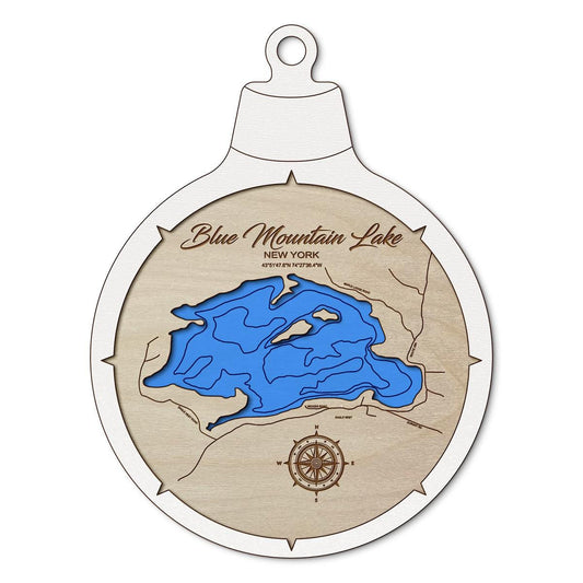 Blue Mountain Lake, New York Custom 3D Layered Wood Lake Map Ornament | Handcrafted Bathymetric Art
