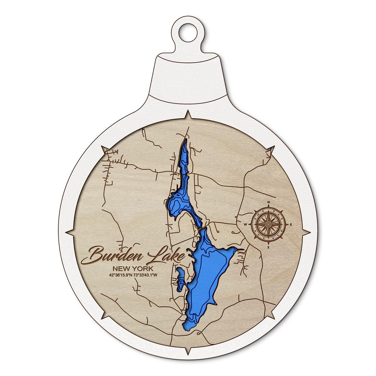Burden Lake, Avril Park NY Custom 3D Layered Wood Lake Map Ornament | Handcrafted Bathymetric Art