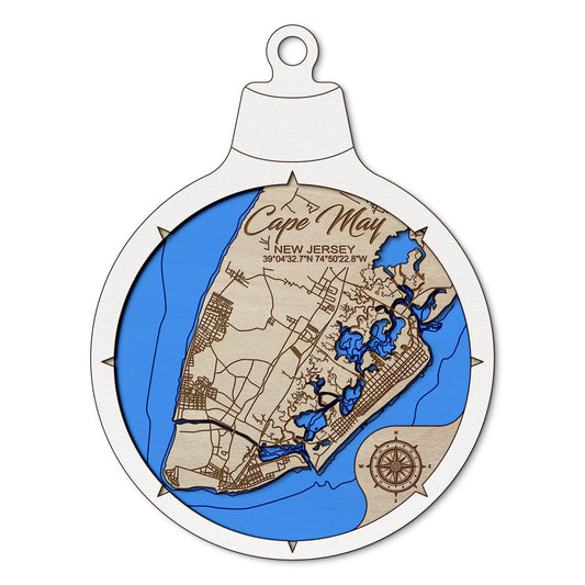 Cape May NJ Custom 3D Layered Wood Lake Map Ornament | Handcrafted Bathymetric Art