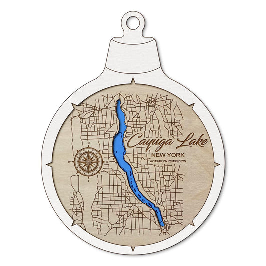 Cayuga Lake NY Custom 3D Layered Wood Lake Map Ornament | Handcrafted Bathymetric Art