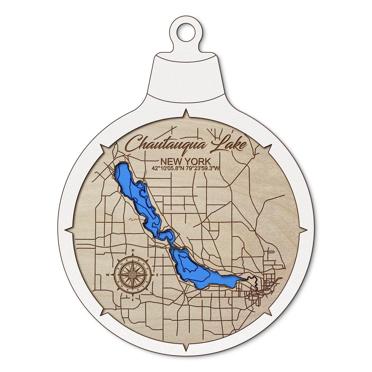 Chautauqua Lake NY Custom 3D Layered Wood Lake Map Ornament | Handcrafted Bathymetric Art