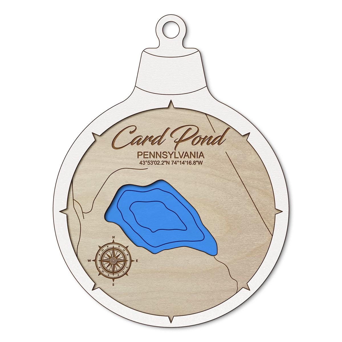 Cord(Card) Pond PA Custom 3D Layered Wood Lake Map Ornament | Handcrafted Bathymetric Art