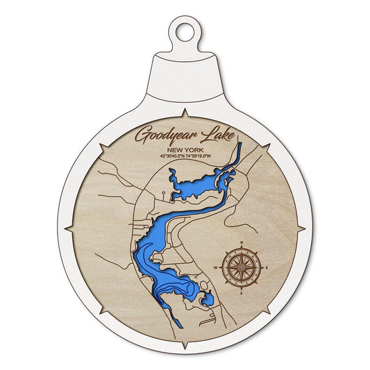 Goodyear Lake NY Custom 3D Layered Wood Lake Map Ornament | Handcrafted Bathymetric Art