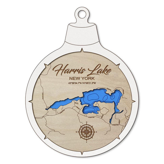 Harris Lake NY Custom 3D Layered Wood Lake Map Ornament | Handcrafted Bathymetric Art