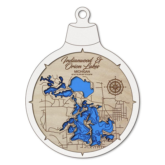 Indianwood Lake, Lake Orion MI Custom 3D Layered Wood Lake Map Ornament | Handcrafted Bathymetric Art