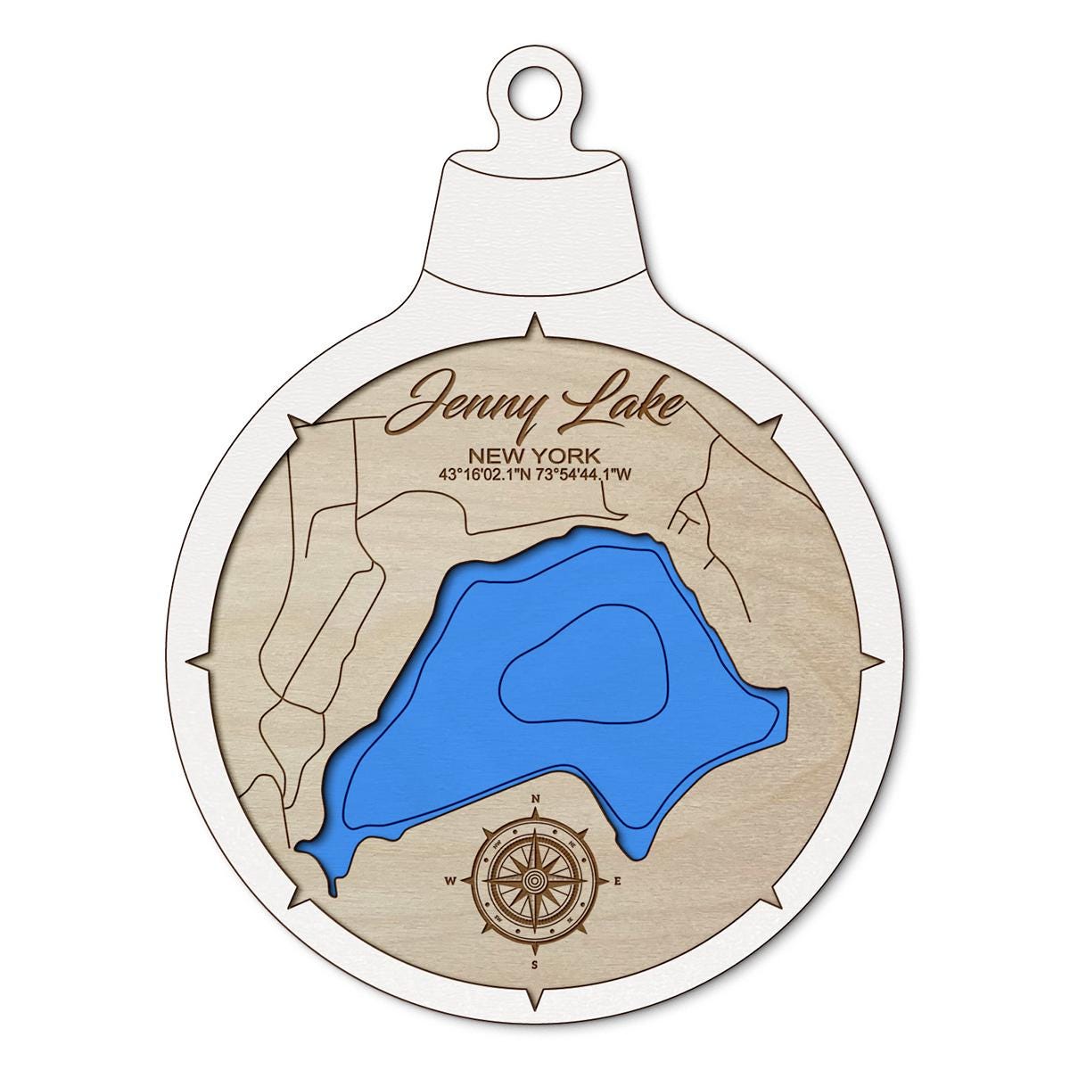 Jenny Lake NY Custom 3D Layered Wood Lake Map Ornament | Handcrafted Bathymetric Art
