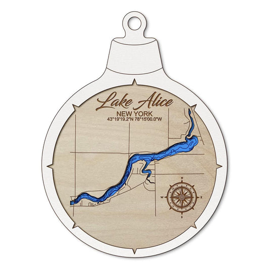 Lake Alice Waterport NY Custom 3D Layered Wood Lake Map Ornament | Handcrafted Bathymetric Art
