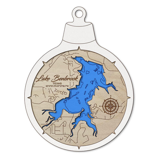 Lake Benbrook TX Custom 3D Layered Wood Lake Map Ornament | Handcrafted Bathymetric Art