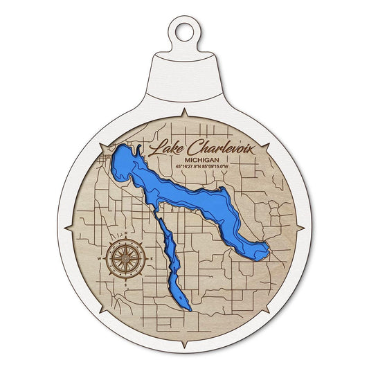 Lake Charlevoix MI Custom 3D Layered Wood Lake Map Ornament | Handcrafted Bathymetric Art