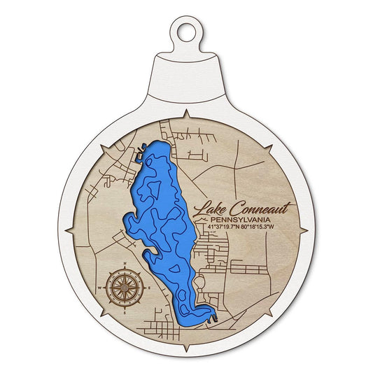 Lake Conneaut PA Custom 3D Layered Wood Lake Map Ornament | Handcrafted Bathymetric Art