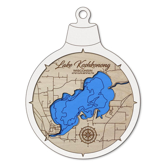 Lake Koshkonong WI Custom 3D Layered Wood Lake Map Ornament | Handcrafted Bathymetric Art