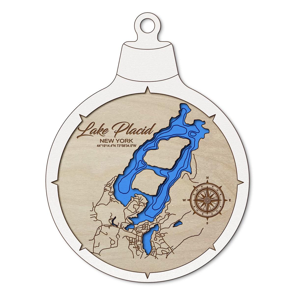 Lake Placid NY Custom 3D Layered Wood Lake Map Ornament | Handcrafted Bathymetric Art
