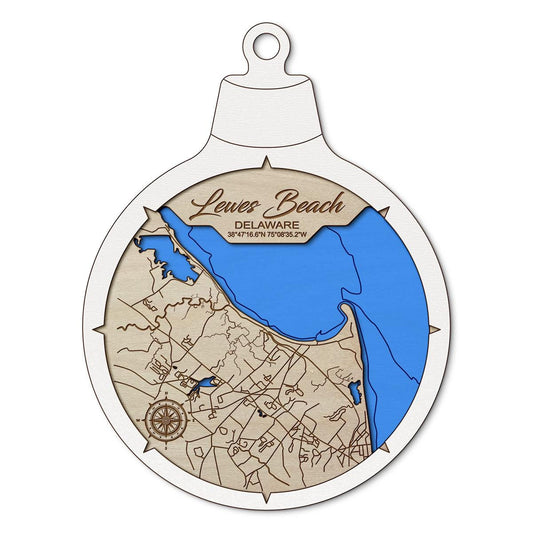 Lewes Beach DE Custom 3D Layered Wood Lake Map Ornament | Handcrafted Bathymetric Art