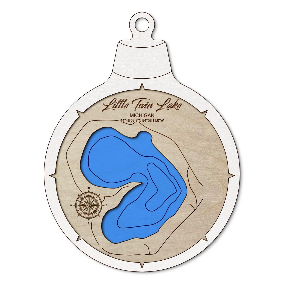 Little Twin Lake, Michigan Custom 3D Layered Wood Lake Map Ornament | Handcrafted Bathymetric Art