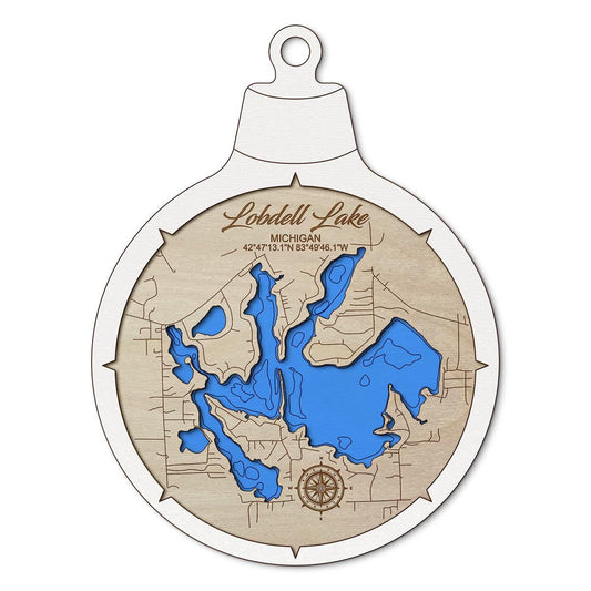 Lobdell Lake MI Custom 3D Layered Wood Lake Map Ornament | Handcrafted Bathymetric Art