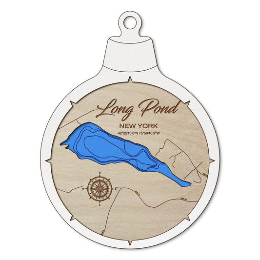 Long Pond in Smithville, New York Custom 3D Layered Wood Lake Map Ornament | Handcrafted Bathymetric Art