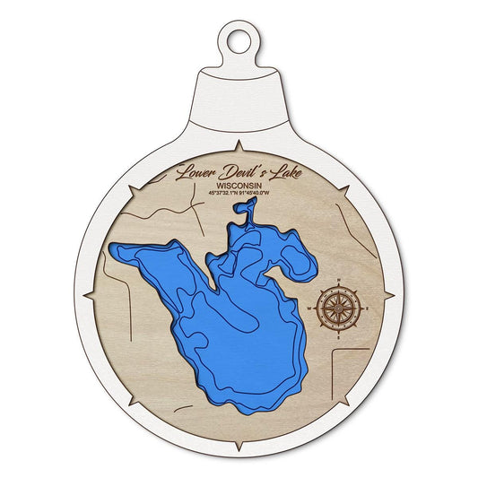 Lower Devil's Lake WI Custom 3D Layered Wood Lake Map Ornament | Handcrafted Bathymetric Art
