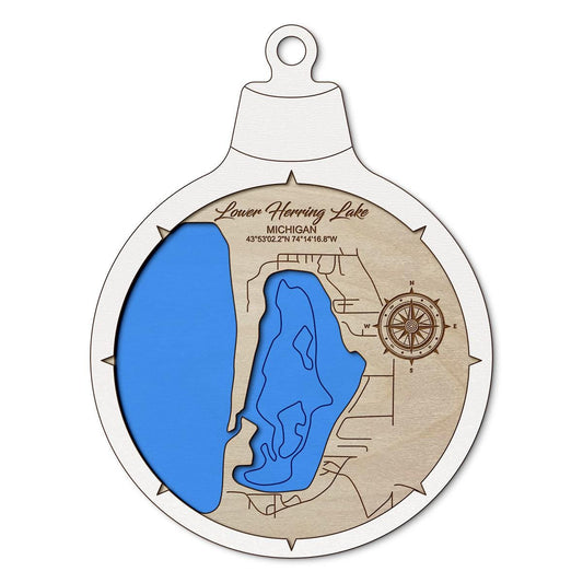 Lower Herring Lake MI Custom 3D Layered Wood Lake Map Ornament | Handcrafted Bathymetric Art