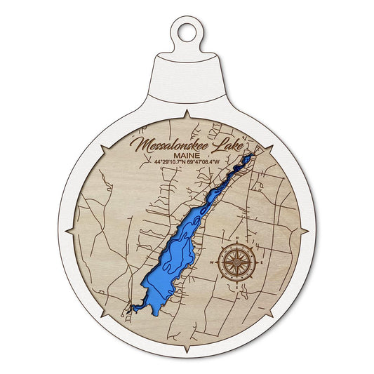 Messalonskee Lake(Snow Pond) ME Custom 3D Layered Wood Lake Map Ornament | Handcrafted Bathymetric Art