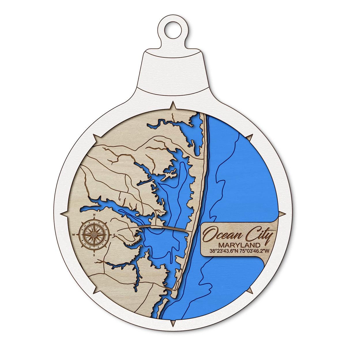 Ocean City MD Custom 3D Layered Wood Lake Map Ornament | Handcrafted Bathymetric Art