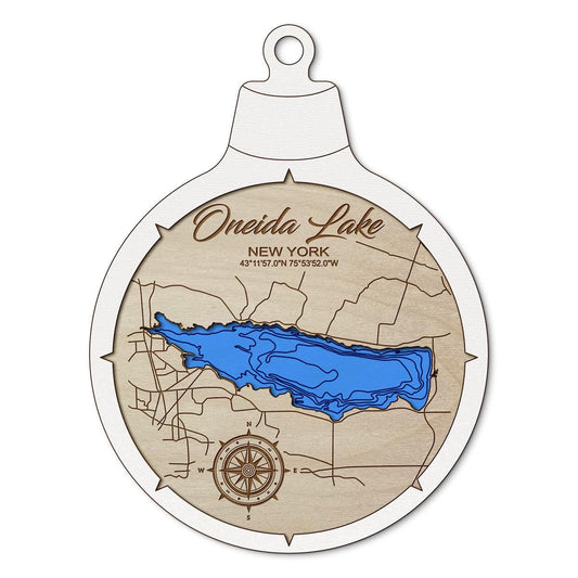 Oneida Lake NY Custom 3D Layered Wood Lake Map Ornament | Handcrafted Bathymetric Art