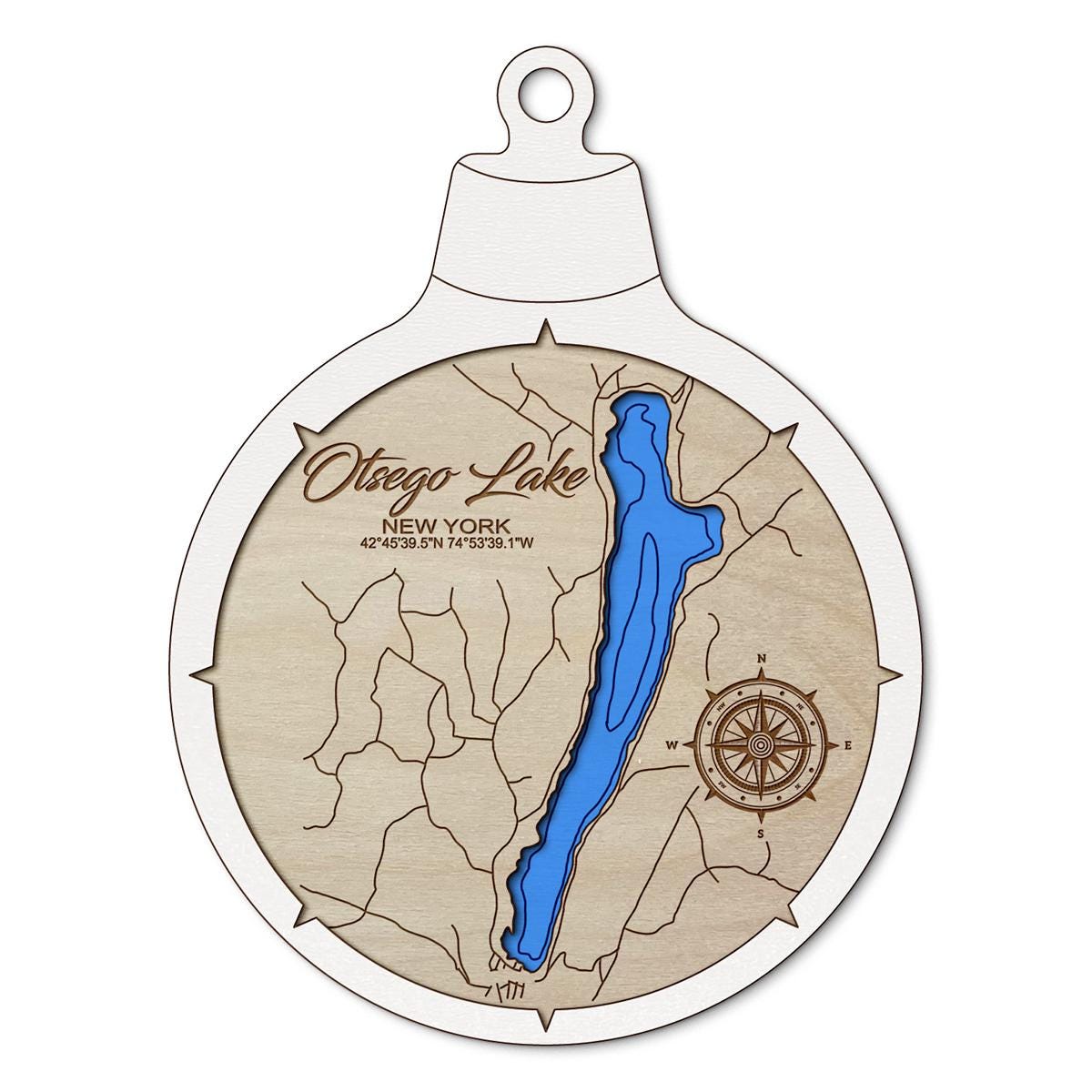Otsego Lake NY Custom 3D Layered Wood Lake Map Ornament | Handcrafted Bathymetric Art