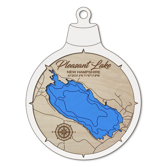Pleasant Lake, New Hampshire Custom 3D Layered Wood Lake Map Ornament | Handcrafted Bathymetric Art
