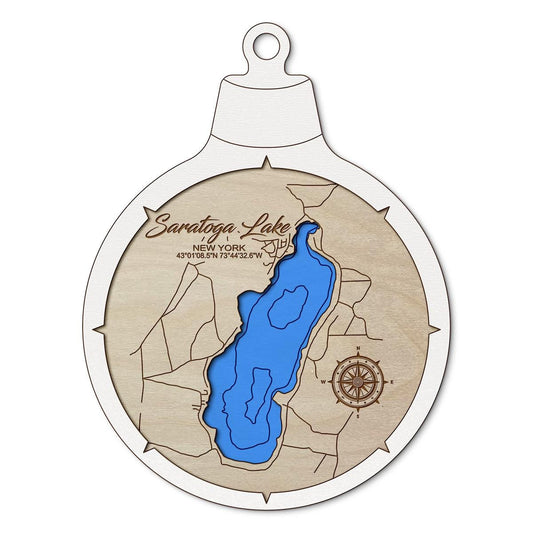 Saratoga Lake NY Custom 3D Layered Wood Lake Map Ornament | Handcrafted Bathymetric Art