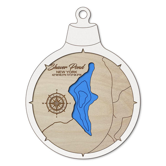 Shaver Pond(Grafton) NY Custom 3D Layered Wood Lake Map Ornament | Handcrafted Bathymetric Art