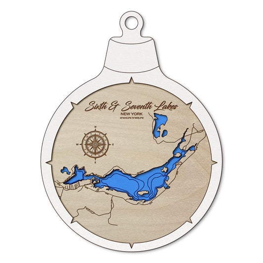 Sixth & Seventh Lakes-Fulton Chain NY Custom 3D Layered Wood Lake Map Ornament | Handcrafted Bathymetric Art