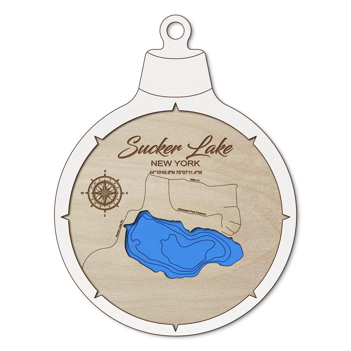 Sucker Lake NY Custom 3D Layered Wood Lake Map Ornament | Handcrafted Bathymetric Art