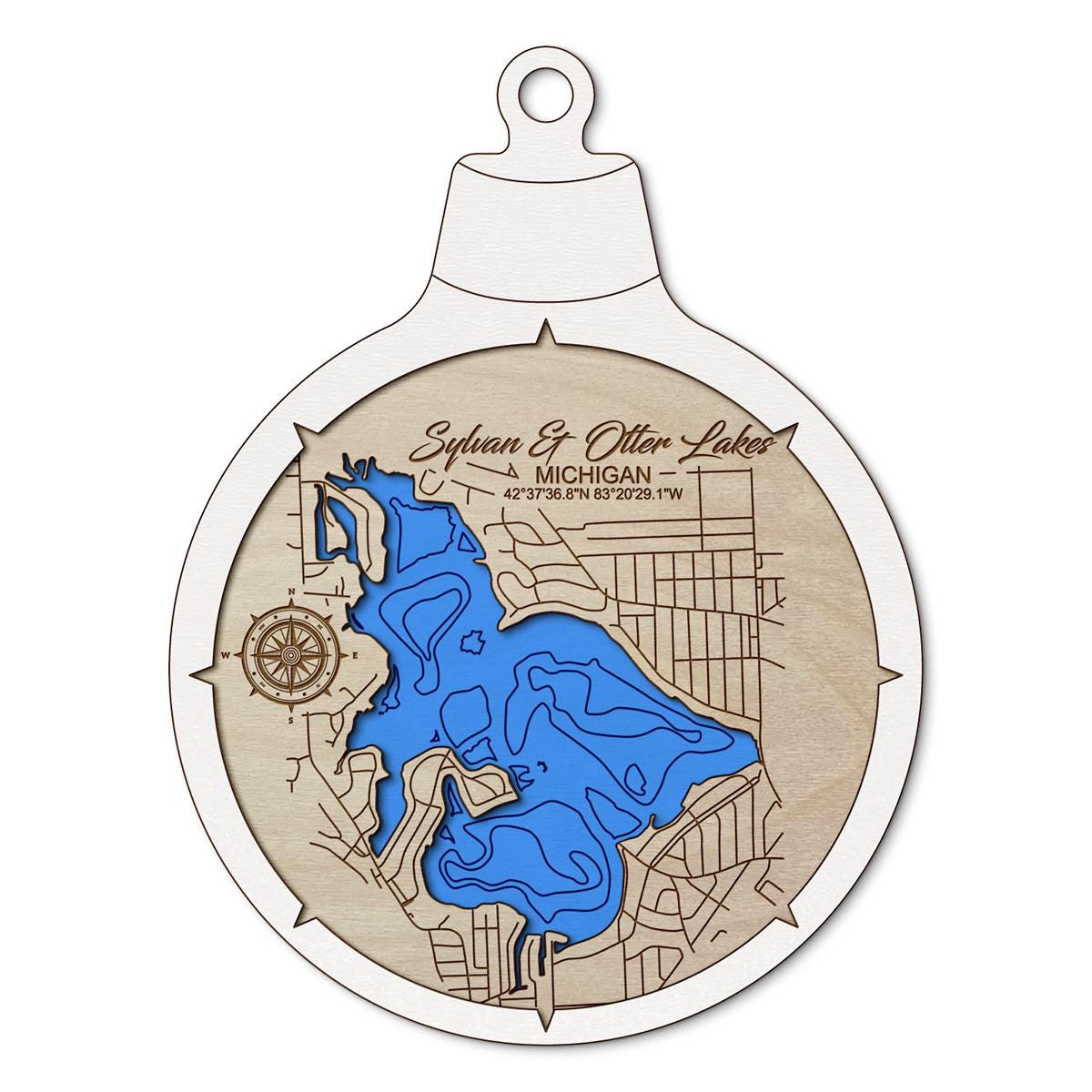 Sylvan & Otter Lake, Michigan Custom 3D Layered Wood Lake Map Ornament | Handcrafted Bathymetric Art