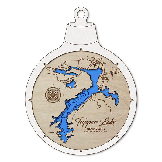 Tupper Lake NY Custom 3D Layered Wood Lake Map Ornament | Handcrafted Bathymetric Art