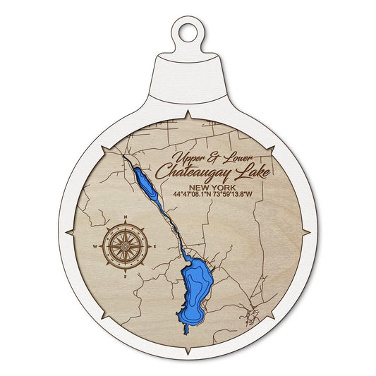 Upper and Lower Chateaugay Lake NY Custom 3D Layered Wood Lake Map Ornament | Handcrafted Bathymetric Art
