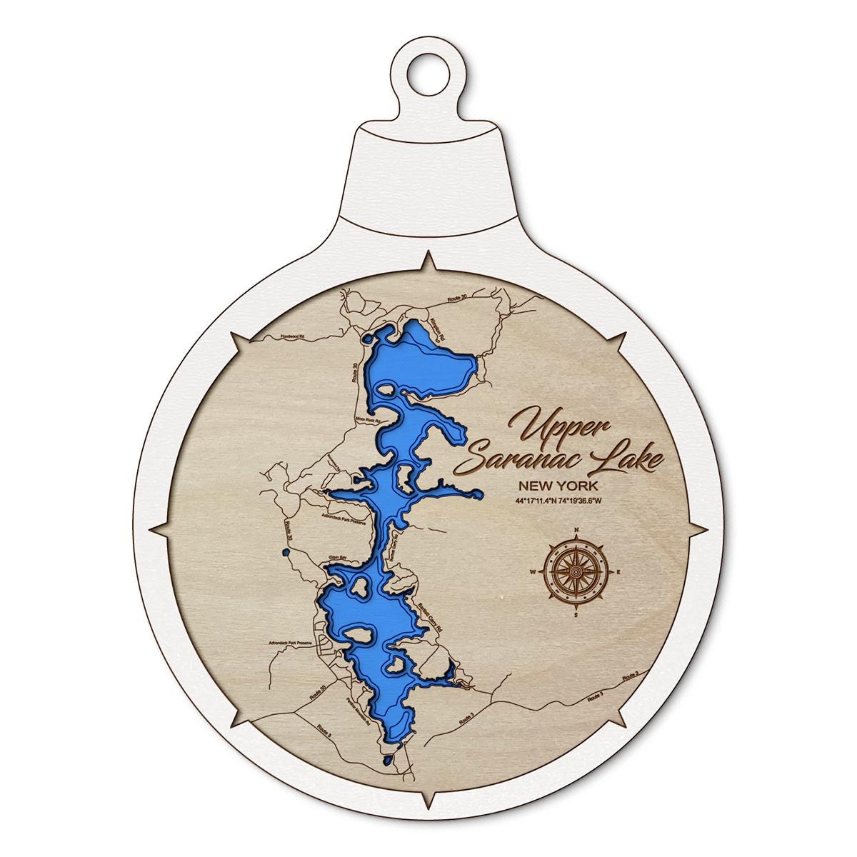 Upper Saranac Lake(Only) NY Custom 3D Layered Wood Lake Map Ornament | Handcrafted Bathymetric Art