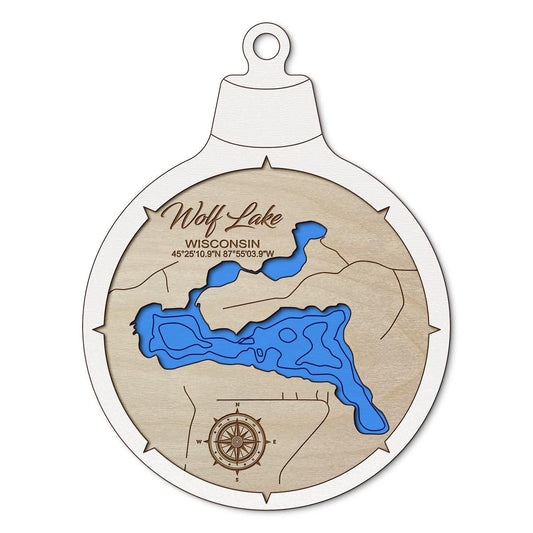 Wolf Lake, Wausaukee WI Custom 3D Layered Wood Lake Map Ornament | Handcrafted Bathymetric Art
