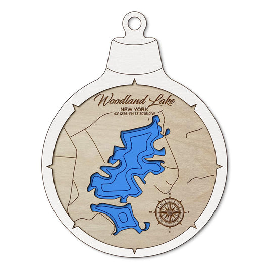 Woodland Lake in Corinth, New York Custom 3D Layered Wood Lake Map Ornament | Handcrafted Bathymetric Art