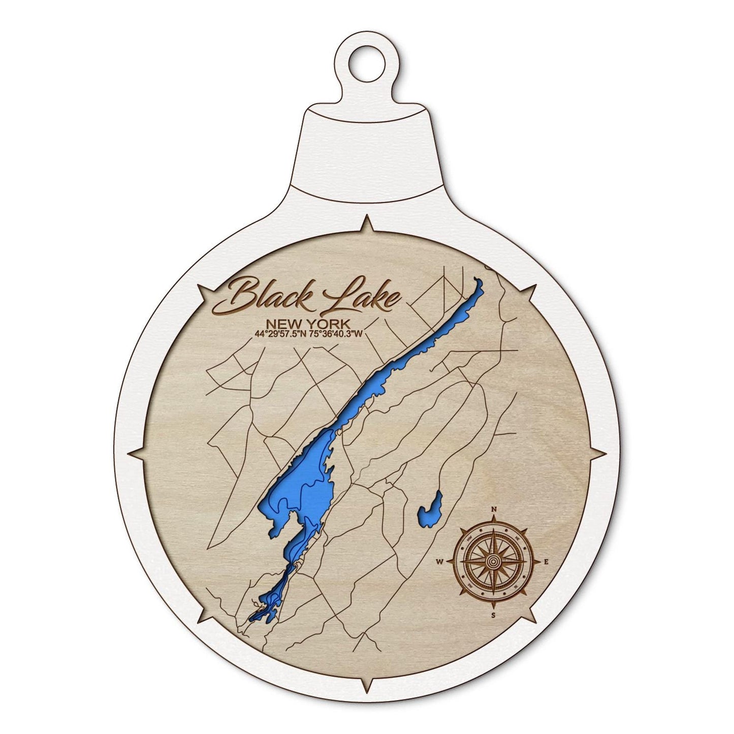 Black Lake NY Custom 3D Layered Wood Lake Map Ornament | Handcrafted Bathymetric Art