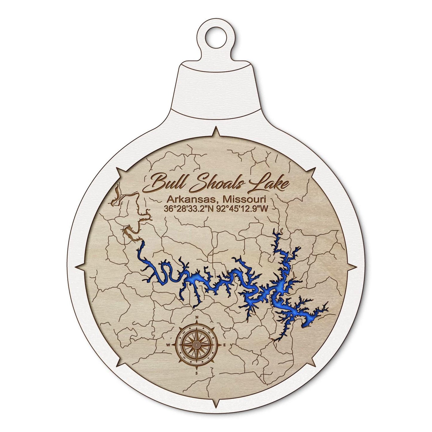 Bull Shoals Lake AR, MO Custom 3D Layered Wood Lake Map Ornament | Handcrafted Bathymetric Art