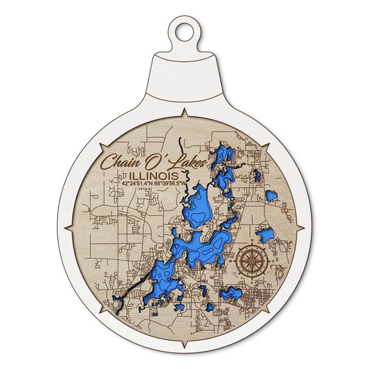 Chain O' Lakes IL Custom 3D Layered Wood Lake Map Ornament | Handcrafted Bathymetric Art