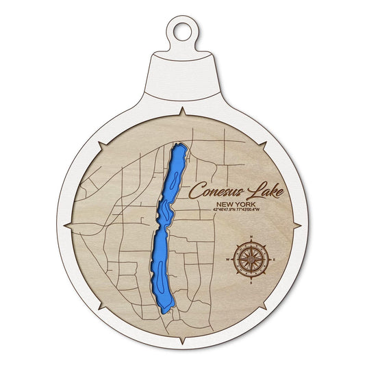 Conesus Lake-Lakeville NY Custom 3D Layered Wood Lake Map Ornament | Handcrafted Bathymetric Art