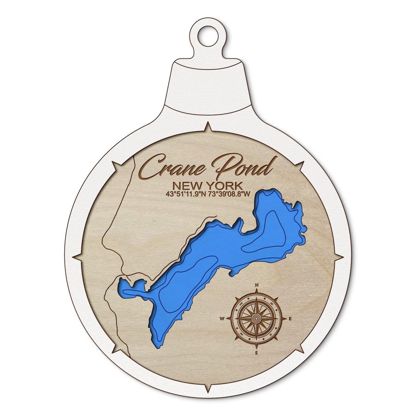 Crane Pond NY Custom 3D Layered Wood Lake Map Ornament | Handcrafted Bathymetric Art
